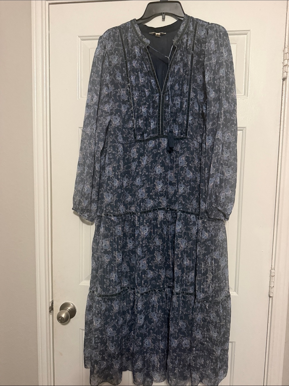 Lucky Brand Navy Floral Tiered Long Sleeve Dress